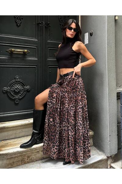 KÜBRA Leopard Full Lined Buttoned Chiffon Skirt