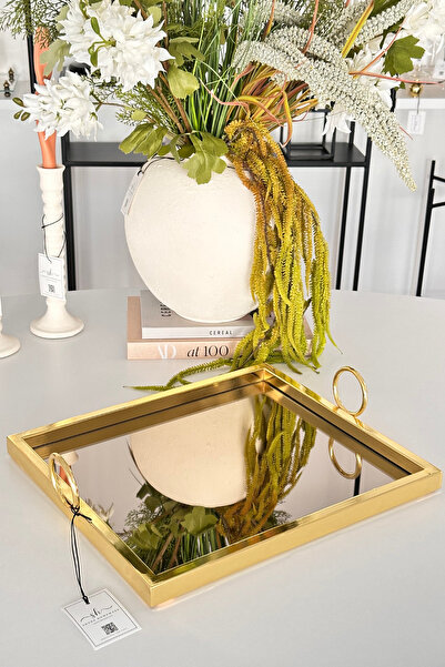 Shura Homeware Kare Kulplu Gold Tepsi Füme Aynalı Dekoratif Tepsi