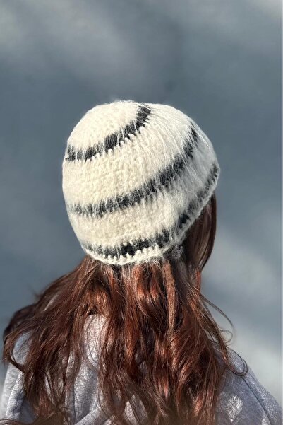 MELUSH Black and White Striped Fuzzy Knit Hat, Crochet Hair Accessory, Patterned Beanie, Unisex Crochet Hat