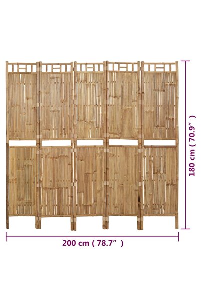 vidaxl 5-Panel Room Divider Bamboo 200x180 cm