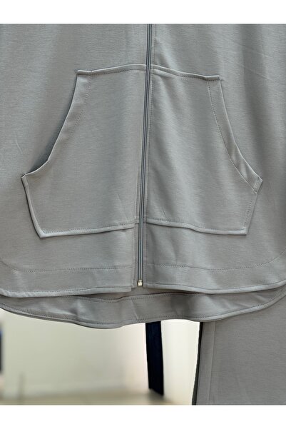 MİHRA STORE Hande Kangaroo Pocket Zippered Pants Suit-Mf1746 Gray
