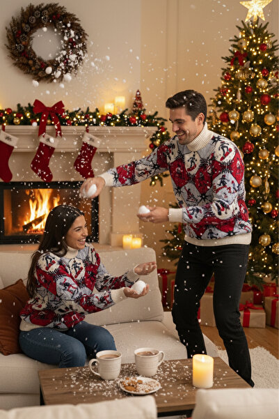 Pulltonic Unisex Yılbaşı Konseptli Yarım Balıkçı Yaka Kazak | %68 Kuzu Yünü