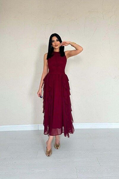 Genel Markalar Bordo Önü Büzgülü Fırfırlı Elbise