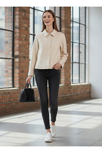 studio fashion 1988 Women's Beige Premium Wool Raglan Sleeve Short Cashmere Jacket