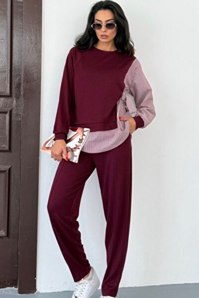 Ded COLLECTION Women's Side Tie Striped Long Sleeve Shirt Detailed Sporty Stylish Modal Set