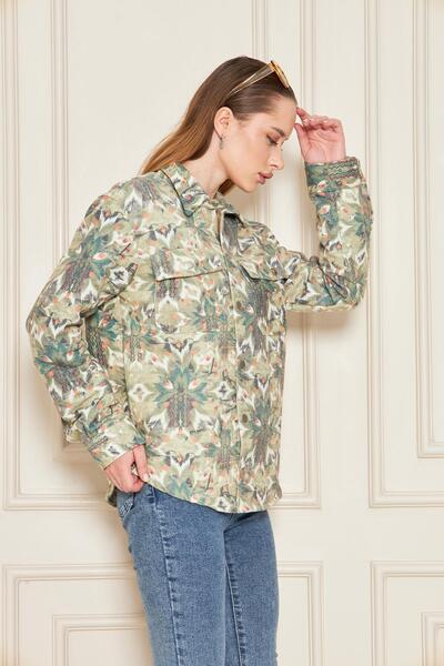 Kutaf Women's Khaki Multi-Colored Ethnic Patterned Oversize Lumberjack Shirt with Pockets