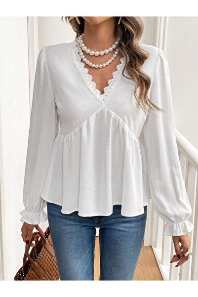 ARONA Women's Long Sleeve V Lace Neck Aerobin Blouse