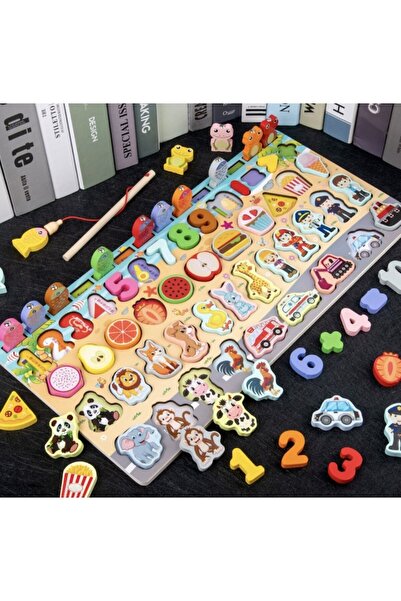 Picodino Montessori 4-in-1 wooden educational game for children - Magnetic puzzle with numbers, shapes, animals.