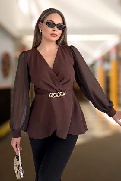 Moda Amore Μπλούζα με λαιμόκοψη σε σχήμα V με λεπτομέρεια από αλυσίδα - Μαύρο και καφέ 1386