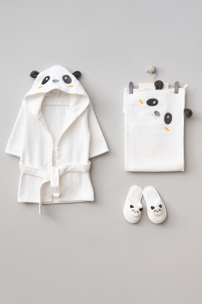 Bebitof My Baby Kumsal 100% Cotton 0 - 24 Months Bathrobe Set Smiling Panda Pattern 30037 Also in the Box