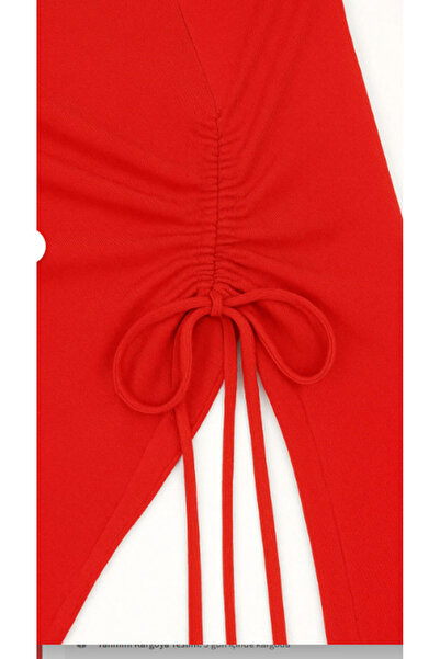 greymoda Κόκκινο μακρυμάνικο ασύμμετρο γιακά μπλούζα με ντραπέ πλαϊνά κορδόνια