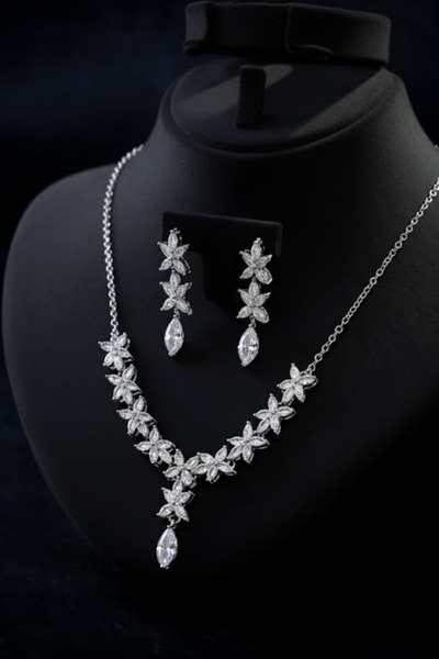 OSMANLI GÜMÜŞ طقم مجوهرات نسائي يتضمن قلادة وأقراط - طراز فلورا مع أحجار الزر...