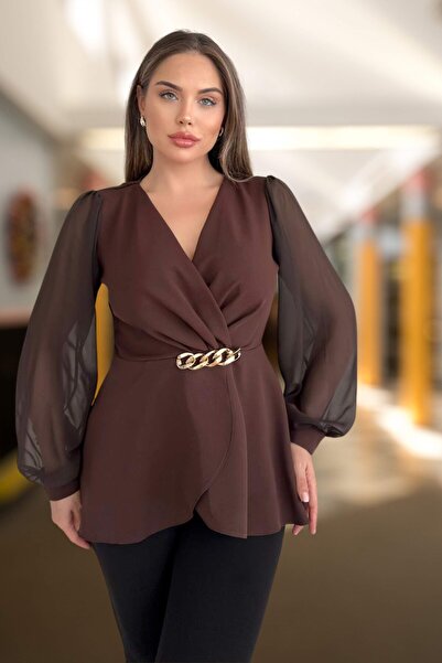 Moda Amore Μπλούζα με λαιμόκοψη σε σχήμα V με λεπτομέρεια από αλυσίδα - Μαύρο και καφέ 1386