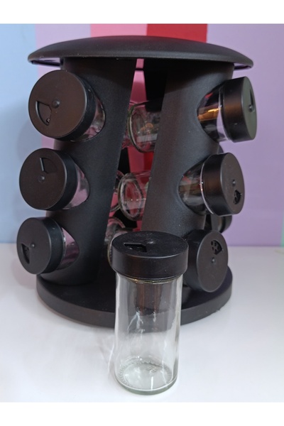 DEKOR ZÜCCACİYE HOME 12-Piece Black Plastic Rotating Stand and Glass Spice Set with Lids