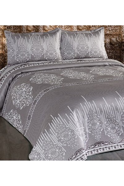 Lady London Elegans Şönil Pano 3 Parça Çift Kişilik Yatak Örtüsü-Antrasit Rengi