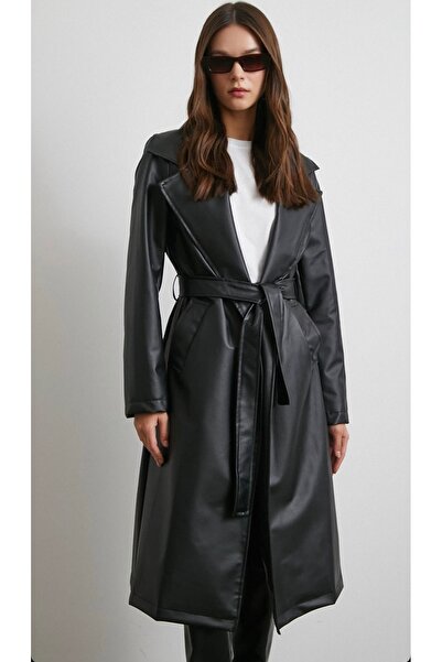 Enter Black Belted Midi Length Leather Trench Coat