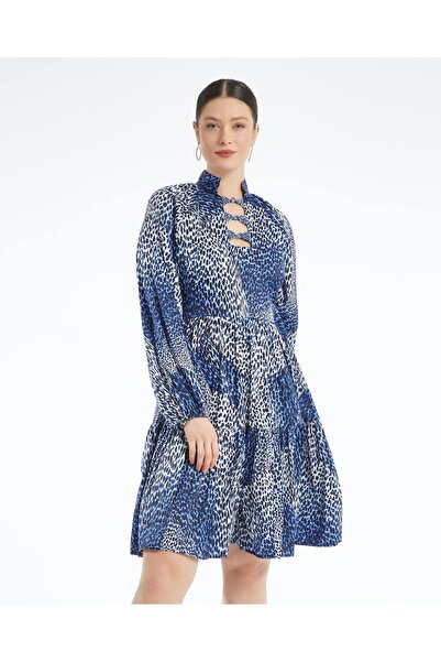 SERPİL Leopar Desenli Mini Kadın Elbise - Yakası Pencere Detaylı - Uzun Kollu