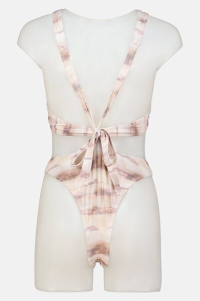 Motel Women Abstract Pattern Cross Front Wrap Swimsuit, Beige