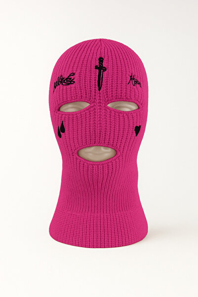 Belifanti Collection Knitted Unisex Sword Teardrop Embroidered Balaclava Fuchsia