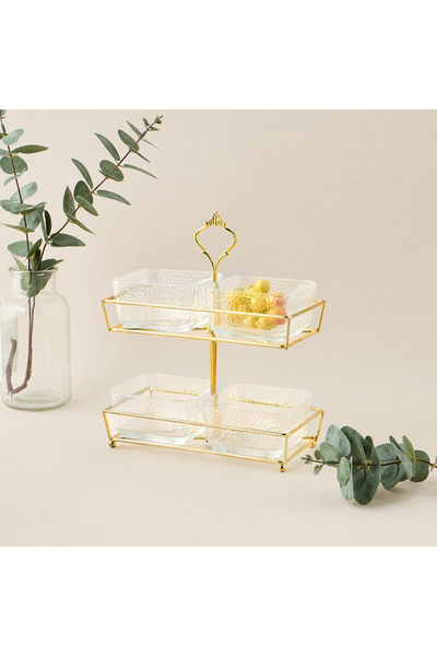 Lifestyle مجموعة أوعية زجاجية مربعة من 4 قطع مع حامل معدني من طبقتين