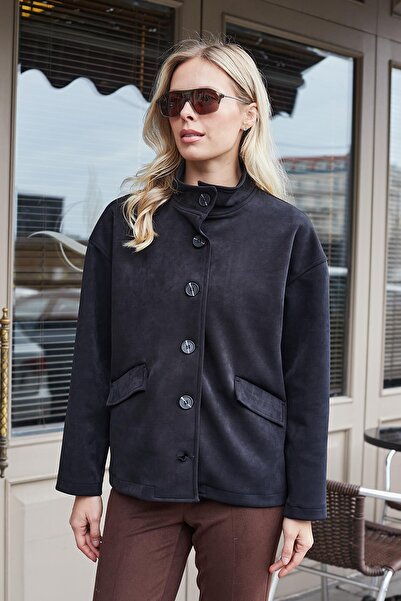 Jument Women's Lightweight Flexible Nubuck Fabric Collared Pocketed Drop Shoulder Long Sleeve Jacket Coat-Black