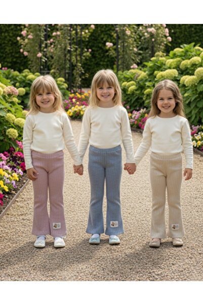 Şenkız Girl's 3-Piece Flexible Comfortable Daily High Waist Corded Fabric Dusty Rose Indigo Beige Leggings