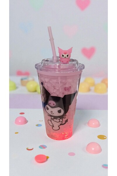 FAMEMUS ACCESSORY Kuromi Purple Color Light-Up Cup with Straw Water Bottle