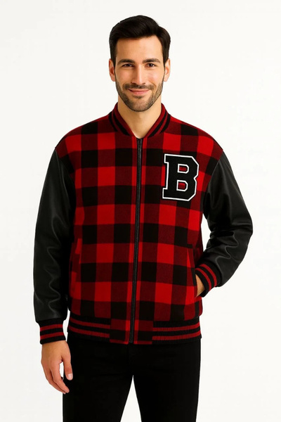 LUMİART Men's College Jacket – Checkered Lumberjack Fabric, Faux Leather Slee...