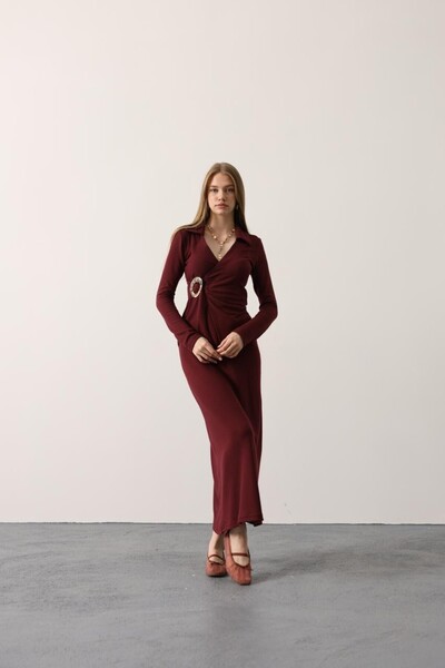 cemo Cherry Rot Color Buckle/Brooch Accessory Body-Hugging Fit Long Dress Stretch Fabric Fabric