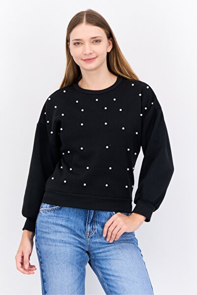 Buzz Women Crew Neck Embellished Long Sleeve Sweatshirt, Black