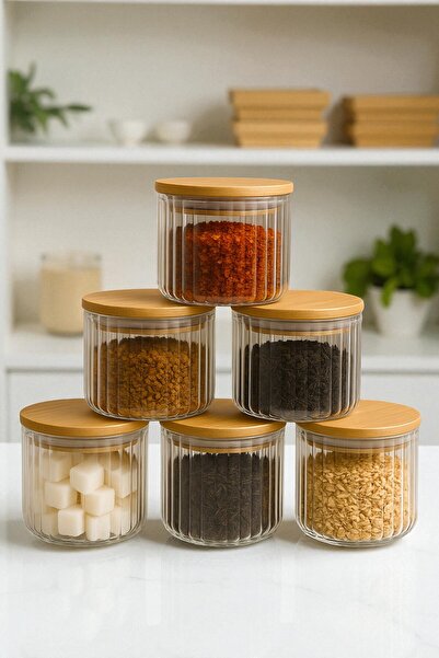 Denia Home |   Borrelia |   6-Piece Bamboo Lid Striped Spice Jar Set 490 Ml.
