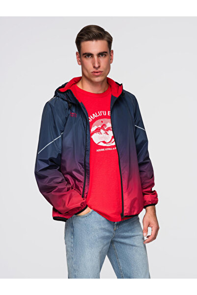 OMBRE Men's Sporty Jacket with Reflective Elements and Polar Lining - Navy-Red V3 C641