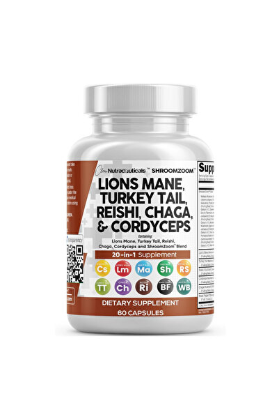 Clean Nutraceuticals Lions Mane 20in1 Mushroom Supplement with Turkey Tail Reishi Cordyceps Chaga Maitake 60 Caps
