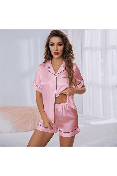 Trendyup Satin pajama set for women - shorts and short-sleeve blouse, size XL, Pink