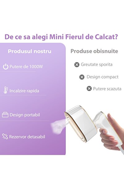 Timebox Fier de călcat mini 2 în 1 cu abur, mâner pliabil, încălzire 5 secunde, 1000 W, sigur pentru toate tipurile de țesături, alb