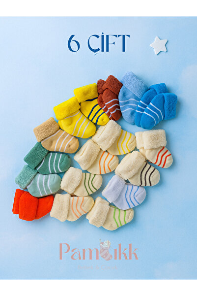 PAMBIK AYAKLAR 6 Çift Bebek Kışlık Çizgili Havlu Çorap Seti