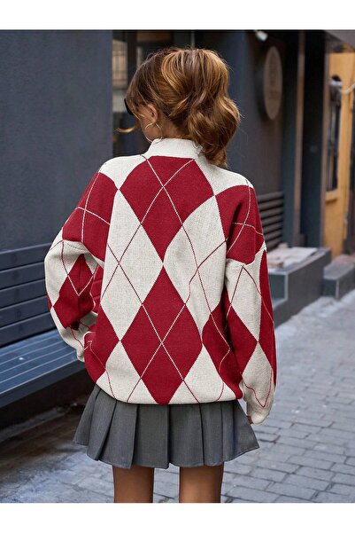 Dier Moda Γυναικείο πλεκτό πουλόβερ με μοτίβο μπορντό ψηλός λαιμός