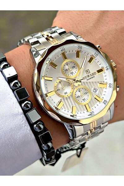 Reward Altın Gümüş Renk Fonksiyonlu Çelik Kordon Erkek Kol Saati + BİLEKLİK H...