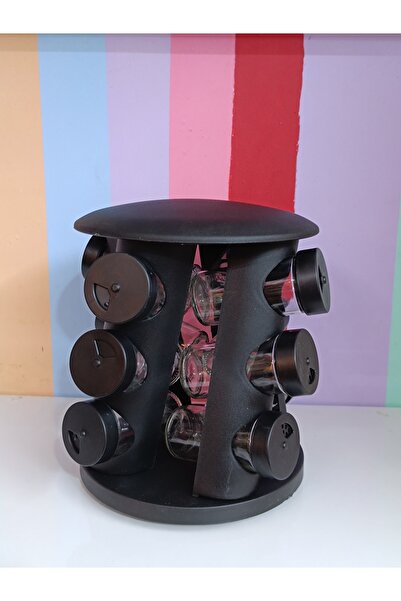 DEKOR ZÜCCACİYE HOME 12-Piece Black Plastic Rotating Stand and Glass Spice Set with Lids