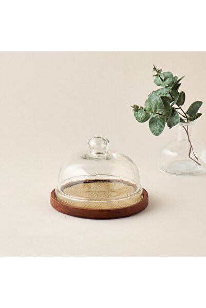 Lifestyle حامل كيك خشبي منقوش بقبة زجاجية - ١٦×١٦×٩ سم
