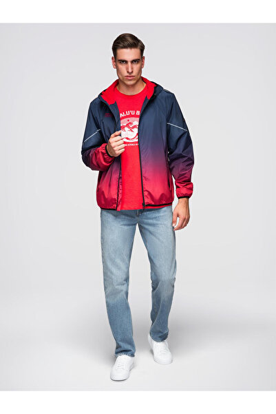 OMBRE Men's Sporty Jacket with Reflective Elements and Polar Lining - Navy-Red V3 C641