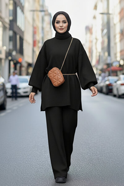 İpli Women's Balloon Sleeve Wide Leg Top and Bottom Hijab Set