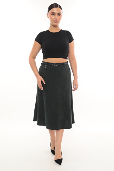 EXİTLİNE Women's Winter Classic Velvet Emerald Green Skirt with Belt and Accessories