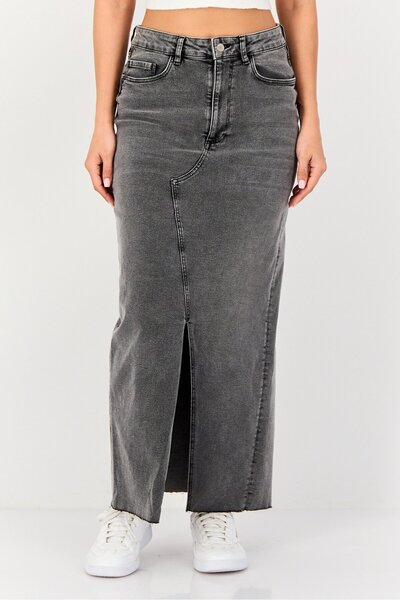 Reiko Women Washed Denim Maxi Skirt, Grey