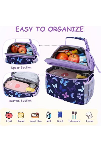 VASCHY Kids Insulated Double-Compartment Lunch Bag with Adjustable Shoulder Strap - Purple Butterfly