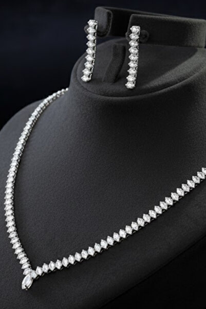 OSMANLI GÜMÜŞ Women's Bijouterie Necklace Earring Set - Elena Model Elegant W...