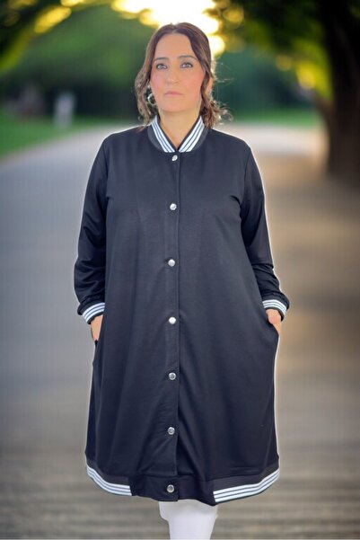 yagmurberen Snap Closure Crystal Viscose Fabric Pocketed Ribbed Plus Size Long Cap Jacket