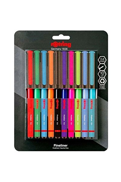 Rotring Fineliner, İnce Keçe Uçlu Kalem 0.4 mm, 10'lu Paket, Karışık Renkler
