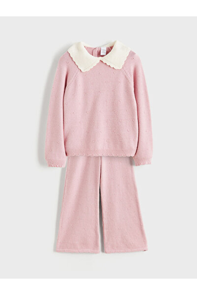 LC Waikiki Pink Peter Pan collar Girls' Knitwear Sweater and Pants