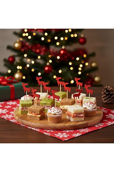 12 Adet Kırmızı Ren Geyiği Ahşap Kürdan Seti - Yılbaşı Cupcake, Kanepe ve Parti Sunum Çubuğu